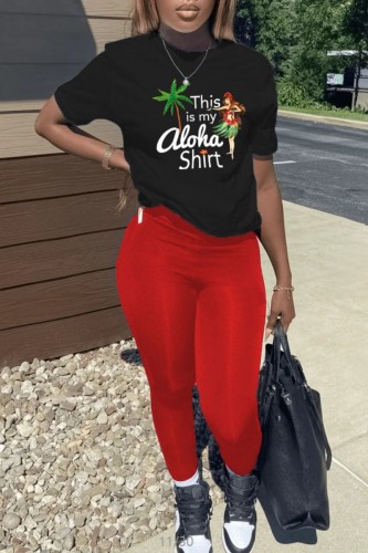 Black Red Casual Print Basic O Neck Short Sleeve Two Pieces