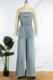 Blue Sexy Casual Solid Backless Strapless Sleeveless Regular Denim Jumpsuits