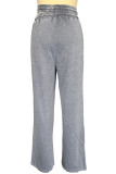 Light Gray Street Solid Hollowed Out Draw String Pocket Loose Low Waist Straight Solid Color Bottoms