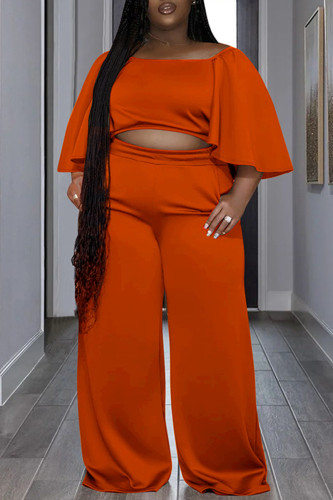 Orange Casual Solid Basic O Neck Plus Size Two Pieces
