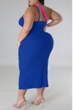 Синее сексуальное однотонное лоскутное платье с разрезом и контрастным косым воротником без рукавов, платья больших размеров