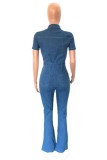 Blue Casual Solid Patchwork Turndown Collar Short Sleeve Skinny Denim Jumpsuits
