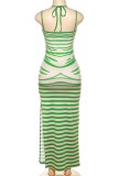 Gröna sexiga tryck rygglösa spaghettiband långa klänningar