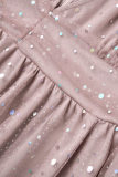 Roze Casual Patchwork Pailletten Doorzichtige V-hals Grote maten jurken met lange mouwen