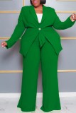 Green Casual Solid Cardigan Pants Turn-back Collar Plus Size Two Pieces