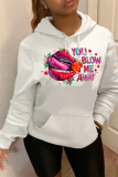 Blanc Daily Vintage Lips Imprimé Draw String Letter Hooded Collar Tops