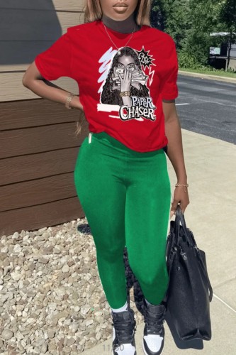 Red Green Casual Print Basic O Neck Short Sleeve Two Pieces