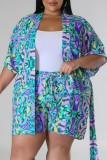Green Casual Print Cardigan V Neck Plus Size Two Pieces