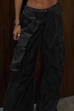 Schwarze Street Solid Patchwork-Tasche, lockere, niedrige Taille, breites Bein, einfarbige Hose (ohne Oberteile und Gürtel)
