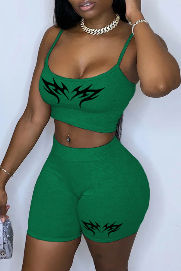 Green Sexy Casual Print Backless Spaghetti Strap Sleeveless Two Pieces