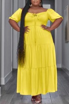 Gelbes, lässiges, solides, ausgehöhltes, Patchwork-Frenulum-langes Kleid mit U-Ausschnitt und Kleider in Übergröße