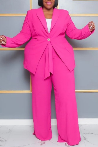 Rose Red Casual Solid Cardigan Pants Turn-back Collar Plus Size Two Pieces