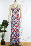 Multicolor Sexy Print Frenulum Backless Spaghetti Strap Long Dress Dresses