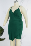 Vestido de tirantes con cuello en V sin espalda de patchwork sólido sexy verde tinta Vestidos de talla grande