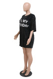 Black Casual Letter Print Sequins Patchwork O Neck One Step Skirt Dresses (Subject To The Actual Object )