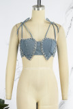 The cowboy blue Sexy Casual Solid Bandage Backless Rhinestone Spaghetti Strap Tops