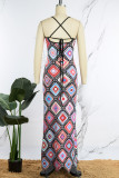 Multicolor Sexy Print Frenulum Backless Spaghetti Strap Long Dress Dresses