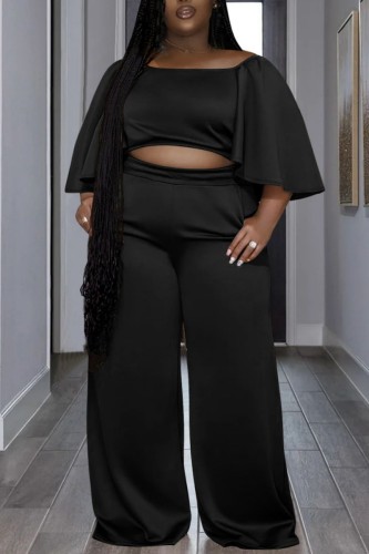 Black Casual Solid Basic O Neck Plus Size Two Pieces
