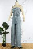 Blue Sexy Casual Solid Backless Strapless Sleeveless Regular Denim Jumpsuits