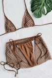 Coffee Sexy Solid Bandage Hollowed Out Backless Swimsuit Three Piece Set (With Paddings)