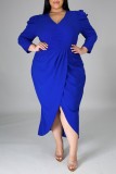Green Casual Solid Patchwork V Neck Long Sleeve Plus Size Dresses