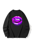 Black Daily Vintage Lips Printed Patchwork O Neck Tops