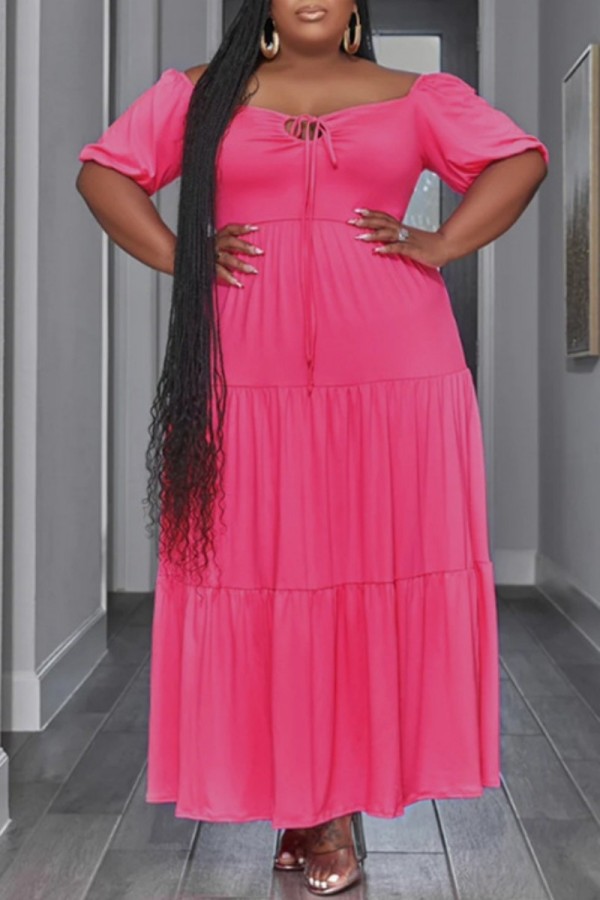 Розово-красное повседневное сплошное выдолбленное лоскутное длинное платье с уздечками и U-образным вырезом Платья больших размеров