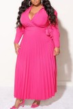 Rose Red Casual Solid Frenulum V Neck Pleated Plus Size Dresses