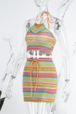 Colour Elegant Striped Draw String Backless Halter Sleeveless Two Pieces