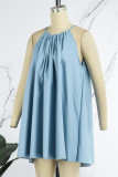 Голубое повседневное однотонное базовое платье без рукавов с круглым вырезом Платья