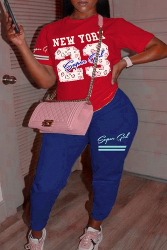 Red Blue Casual Print Basic O Neck Short Sleeve Two Pieces