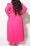 Vestidos de talla grande plisados ​​con cuello en V de frenillo sólido informal rosa rojo