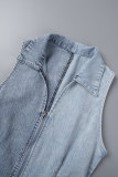 Blue Casual Patchwork Contrast Zipper Collar Regular Denim Jumpsuits