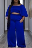 Blue Casual Solid Basic O Neck Plus Size Two Pieces