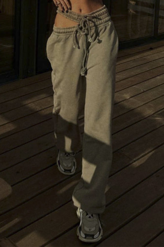 Brown Street Solid Hollowed Out Draw String Pocket Loose Low Waist Straight Solid Color Bottoms