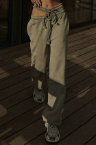 Braune Street Solid-Hose mit ausgehöhlter Kordelzugtasche und lockerer, gerader, einfarbiger Hose mit niedriger Taille