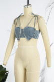 The cowboy blue Sexy Casual Solid Bandage Backless Rhinestone Spaghetti Strap Tops
