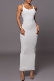 ホワイト カジュアル ソリッド ベーシック スパゲッティ ストラップ ロング ドレス ドレス