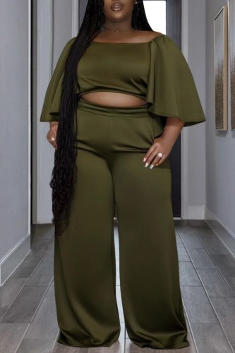 Army Green Casual Solid Basic O Neck Plus Size Two Pieces