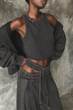 Dark Gray Street Solid Hollowed Out Draw String Pocket Loose Low Waist Straight Solid Color Bottoms