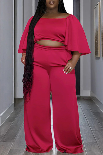 Rose Red Casual Solid Basic O Neck Plus Size Two Pieces