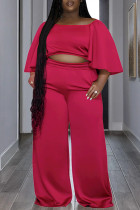 Rose Red Casual Solid Basic O-Ausschnitt Plus Size Two Pieces