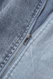 Blue Casual Patchwork Contrast Zipper Collar Regular Denim Jumpsuits