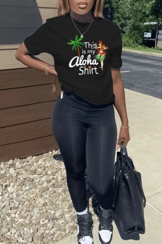Black Casual Print Basic O Neck Short Sleeve Two Pieces