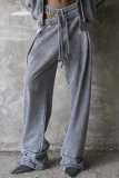 Light Gray Street Solid Hollowed Out Draw String Pocket Loose Low Waist Straight Solid Color Bottoms