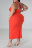 Красное оранжевое сексуальное однотонное лоскутное платье с разрезом и контрастным косым воротником без рукавов Платья больших размеров