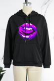 Black Casual Daily Lips Printed Draw String Hooded Collar Tops