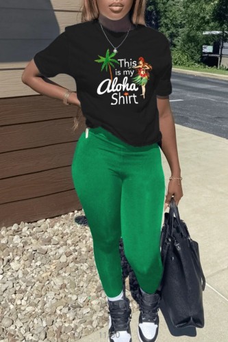 Black Green Casual Print Basic O Neck Short Sleeve Two Pieces
