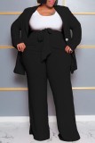 Rose Red Casual Solid Cardigan Pants Turn-back Collar Plus Size Two Pieces