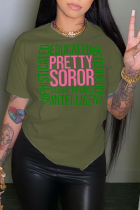 Camisetas con cuello en O de patchwork con estampado vintage diario verde militar